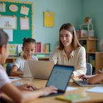 Jeune enseignante avec élèves en classe moderne
