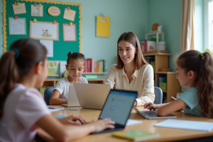Jeune enseignante avec élèves en classe moderne