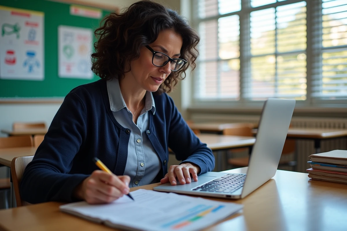 Enseignante complétant une fiche classe collaborative sur ordinateur avec notes papier en référence