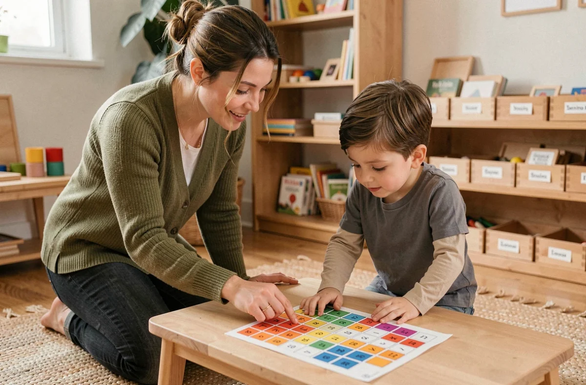 Enseignante Montessori guidant un élève dans l'utilisation d'une grille de multiplication colorée posée sur une table en bois