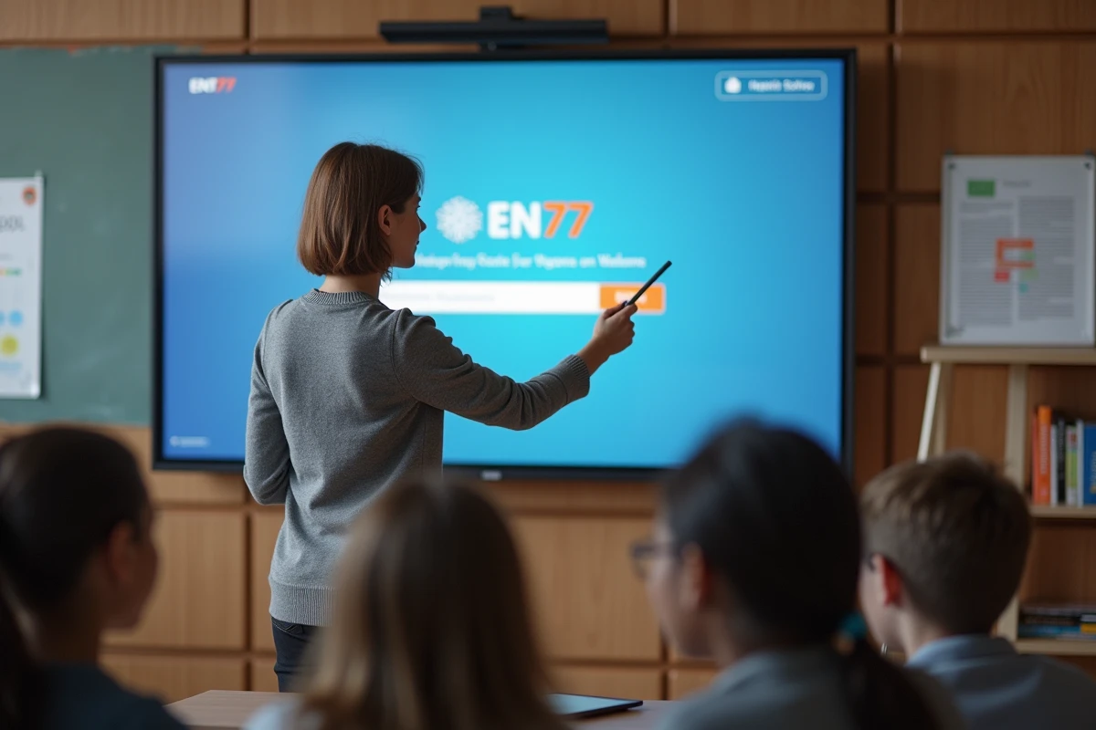Professeure devant un écran montrant la plateforme ENT77