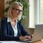 Enseignante utilisant le portail Ecole direct sur son ordinateur portable dans la salle des professeurs