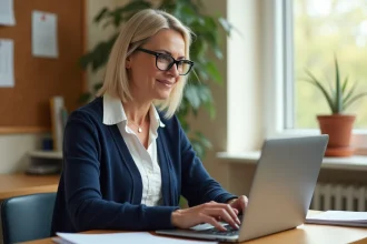 Enseignante utilisant le portail Ecole direct sur son ordinateur portable dans la salle des professeurs