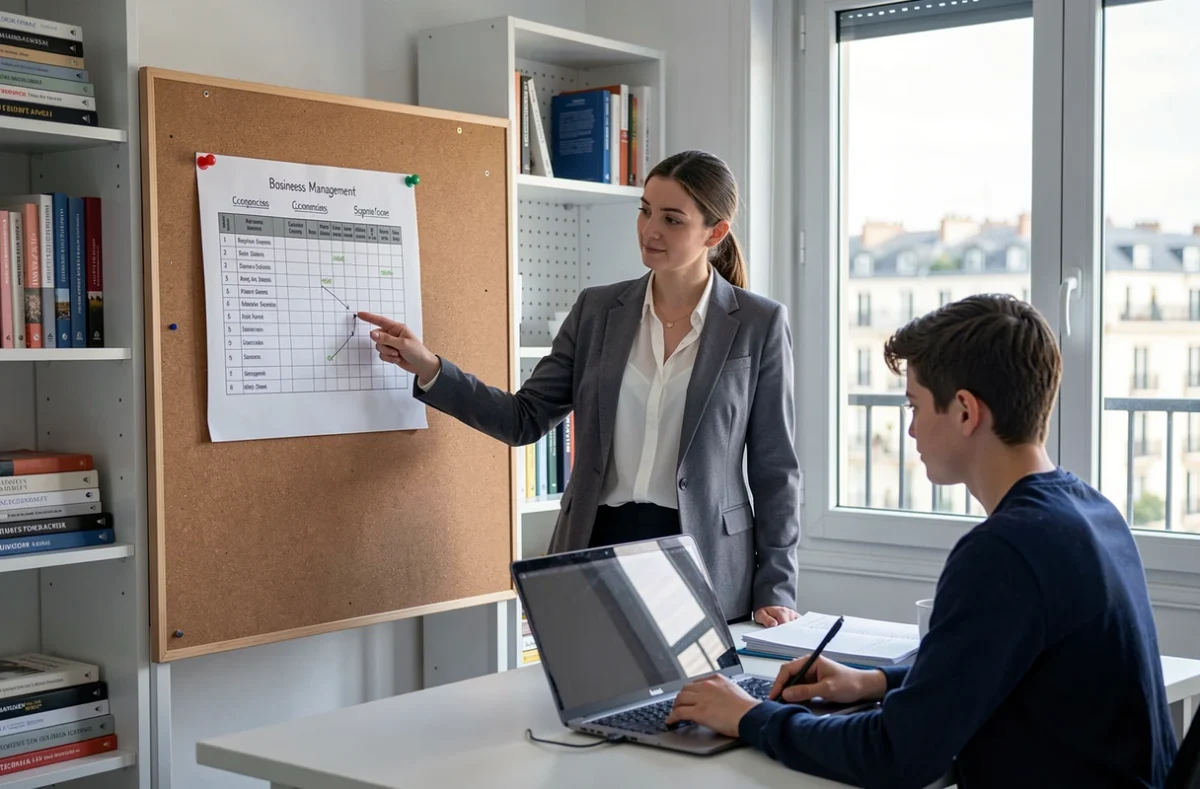 Une enseignante spécialiste STMG explique un concept économique à un lycéen dans son bureau à Marseille