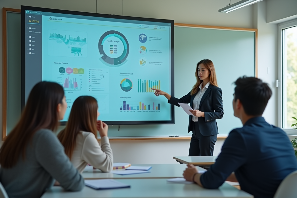 Professeure devant tableau numérique avec étudiants attentifs