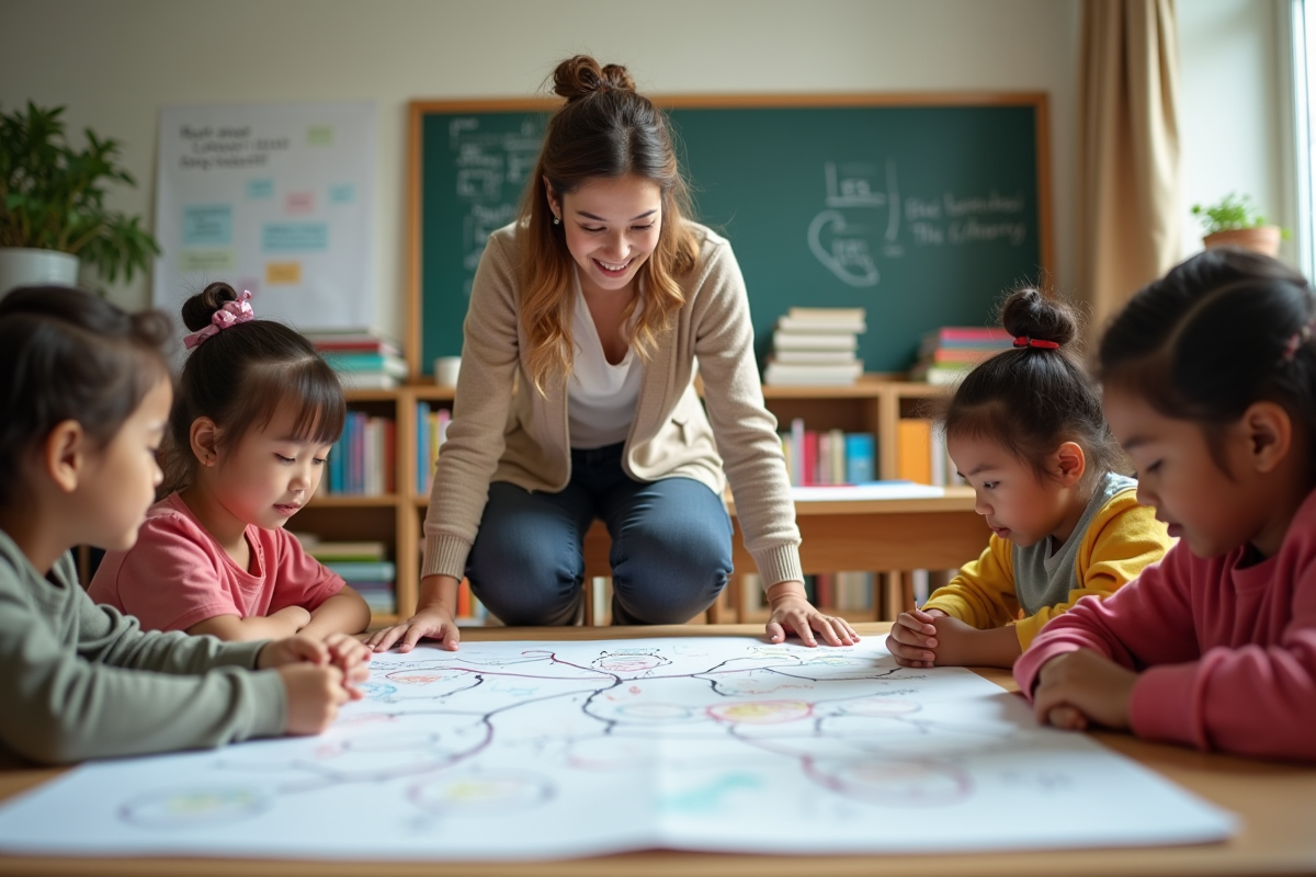 Professeure aide un groupe d enfants en classe