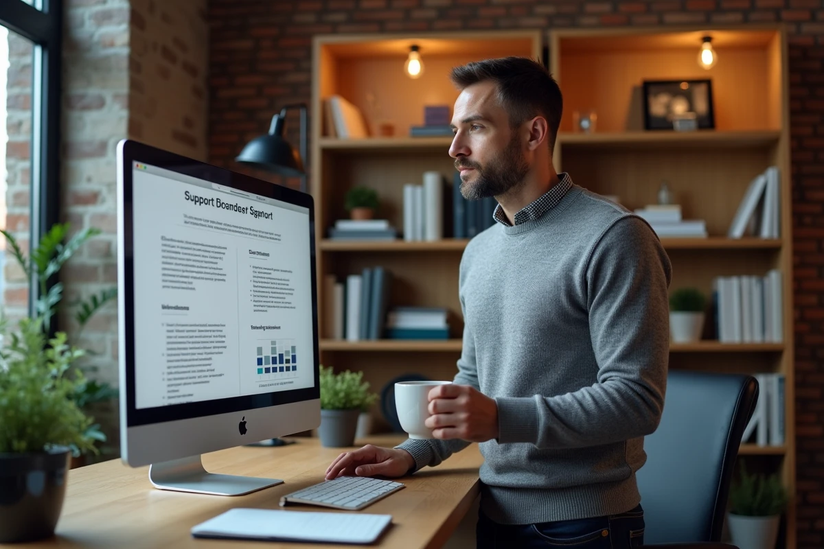 Entrepreneur masculin consultant la documentation support d'une plateforme de formation marketing depuis son bureau à domicile