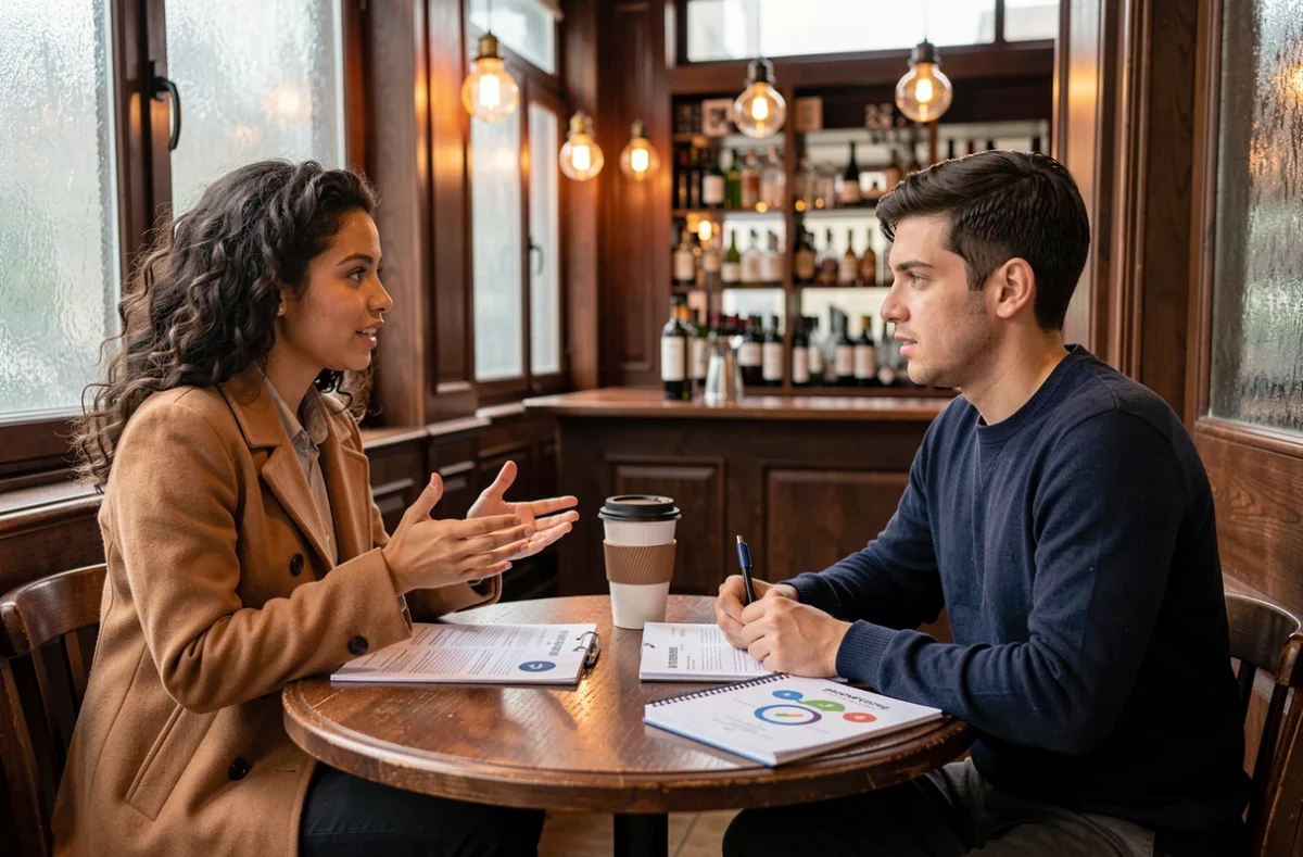 Deux étudiants en alternance marketing simulant un entretien professionnel dans un café de Bordeaux