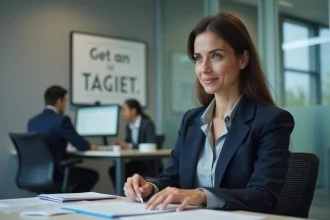 Femme en entretien de conseil avec un conseiller Pôle emploi dans un bureau moderne, illustrant l'accompagnement Solerys pour le retour à l'emploi