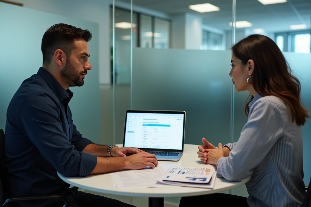 Entretien entre un conseiller emploi et une candidate autour d'une fiche métier et d'un outil de mise en relation compétences-formations