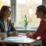 Entretien convivial entre un responsable scolaire et un jeune adulte