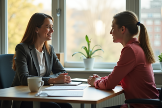 Entretien convivial entre un responsable scolaire et un jeune adulte