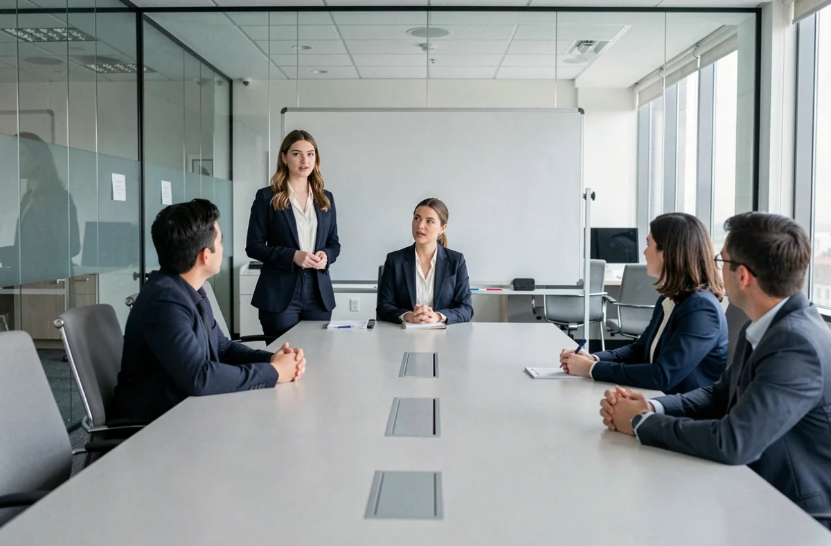 Jeune femme candidate au programme cadet d'Air France passant son entretien oral devant un jury dans une salle de réunion moderne