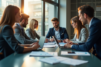 Groupe de professionnels collaborant autour de données en réunion