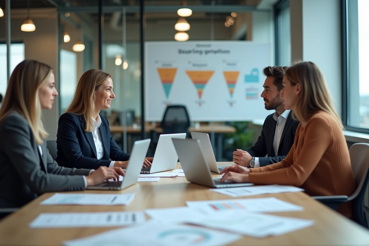 Équipe de petite entreprise réunie en salle de réunion pour évaluer un abonnement email marketing professionnel
