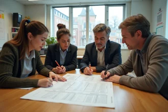 Équipe pédagogique réunie autour d'une table pour analyser une fiche de suivi élève collaborative
