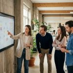 Équipe de professionnels collaborant sur un tableau blanc numérique partagé lors d'une réunion en open space