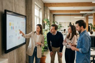 Équipe de professionnels collaborant sur un tableau blanc numérique partagé lors d'une réunion en open space