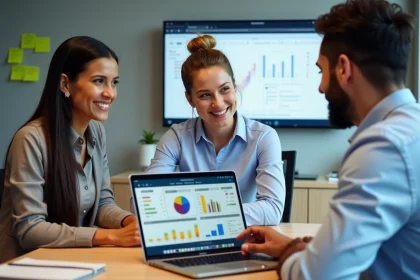 Groupe de professionnels collaborant autour d'un tableau d'ERP