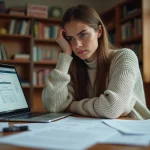 Jeune femme frustrée devant des documents d'inscription à une école en ligne, illustrant les erreurs coûteuses lors d'une inscription à l'EEMI