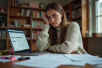 Jeune femme frustrée devant des documents d'inscription à une école en ligne, illustrant les erreurs coûteuses lors d'une inscription à l'EEMI