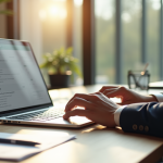 Espace de travail moderne avec ordinateur et lumière naturelle