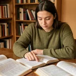 Jeune femme étudiant les verbes espagnols et les accords du participe passé dans un bureau à domicile entouré de livres de grammaire