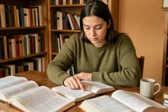 Jeune femme étudiant les verbes espagnols et les accords du participe passé dans un bureau à domicile entouré de livres de grammaire