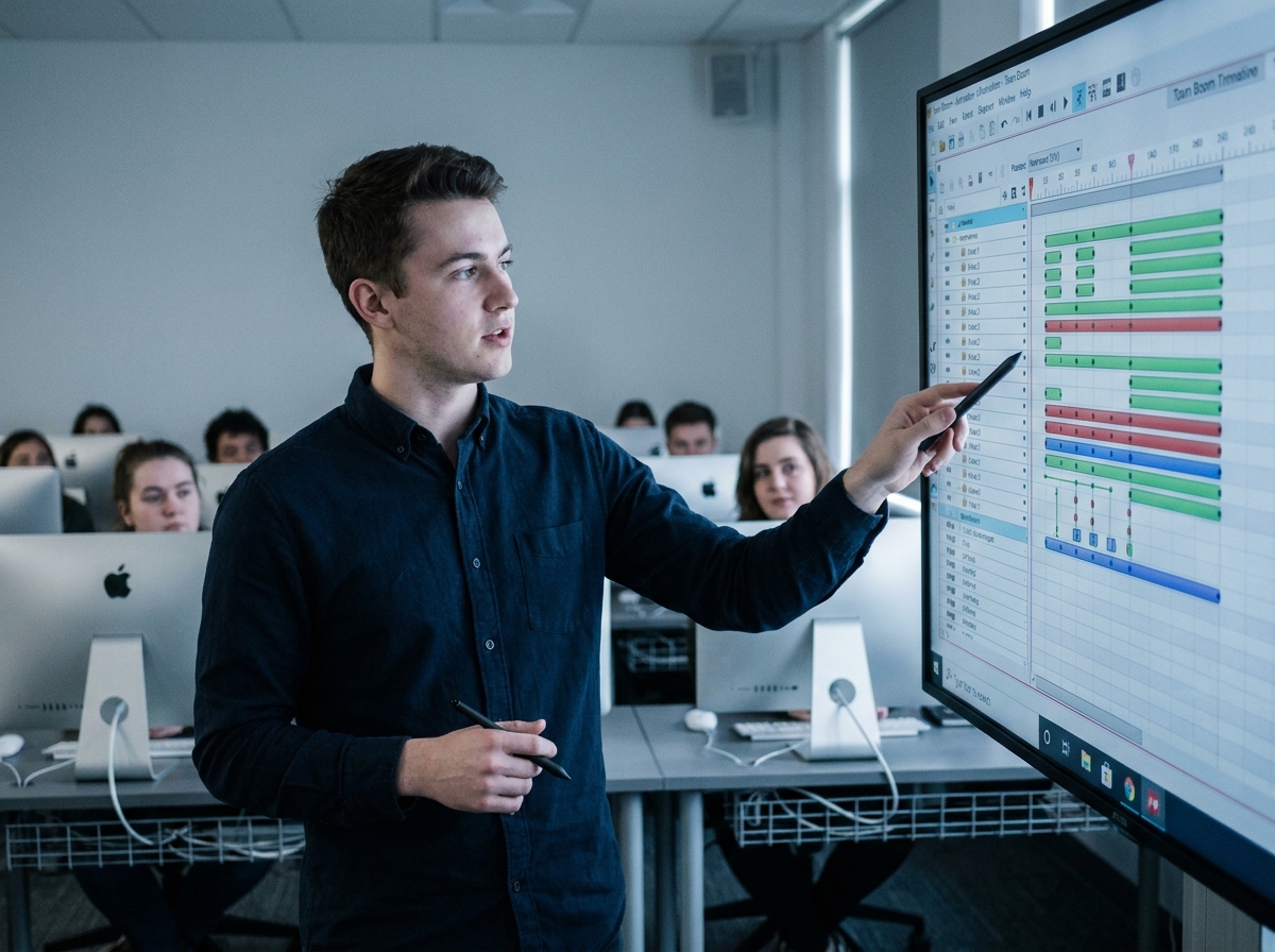 Étudiant en animation présentant un projet sur logiciel devant sa classe dans une salle informatique d'école d'art