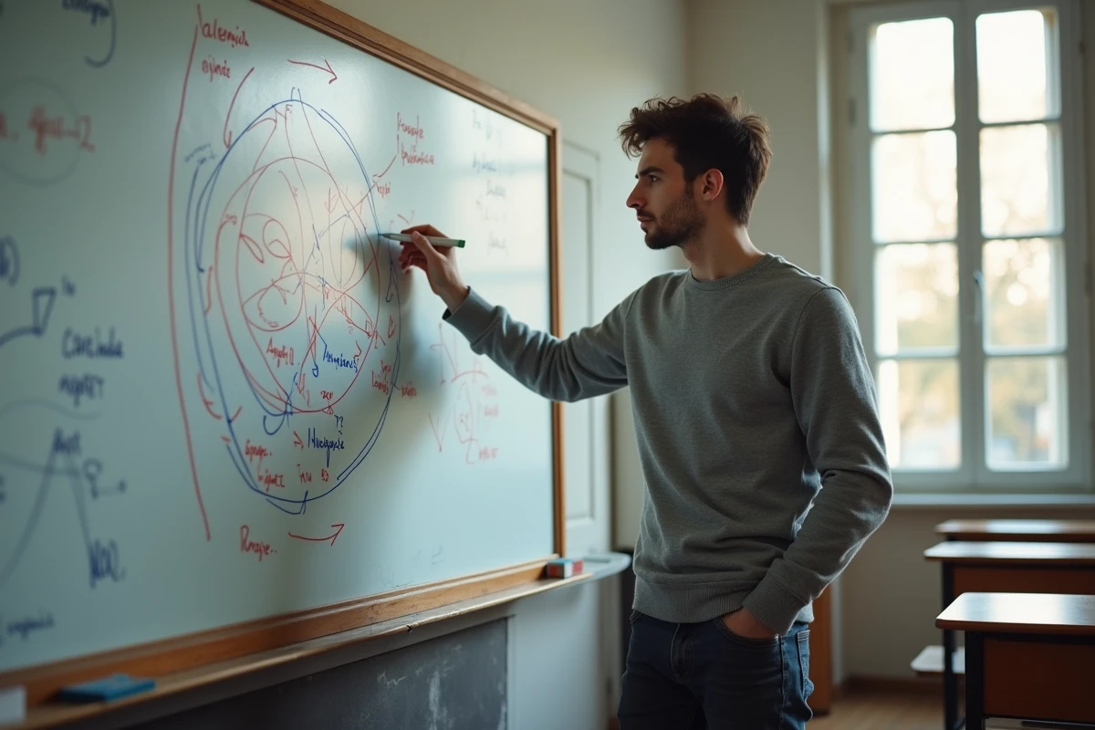 Étudiant en prépa BCPST seul face à un tableau blanc couvert de schémas de biologie et d'équations chimiques dans une salle de classe vide