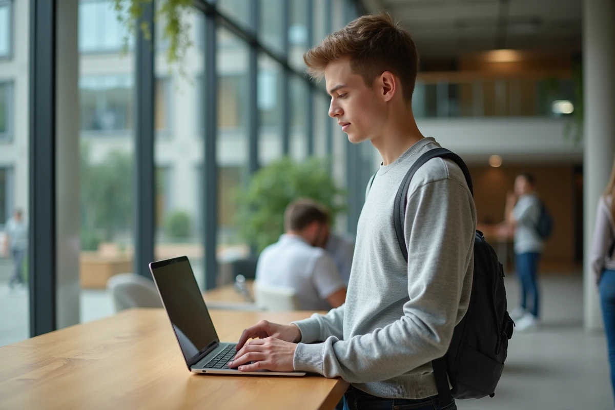 Étudiant comparant deux plateformes numériques PSB et PSBLearn sur son ordinateur dans un espace commun du campus