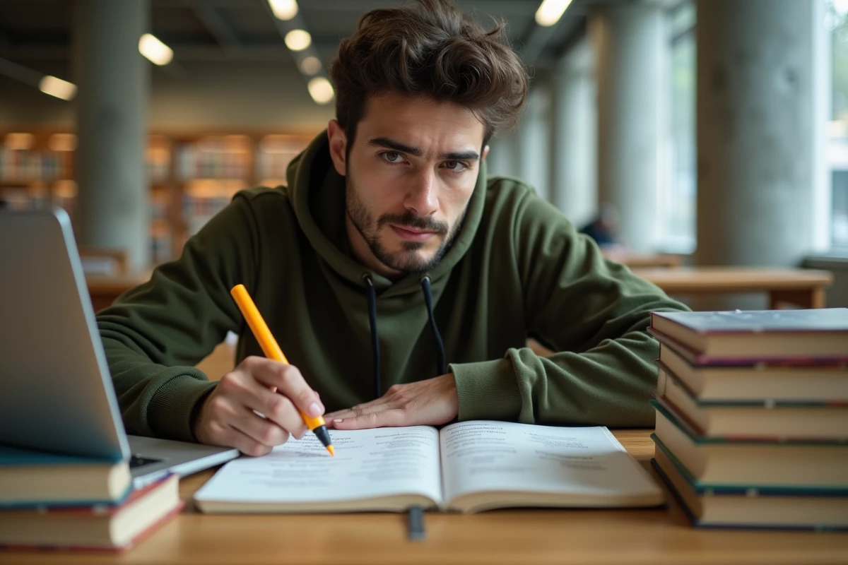 Étudiant qui surligne un tableau de conjugaison du verbe SER dans un manuel d'espagnol à la bibliothèque universitaire