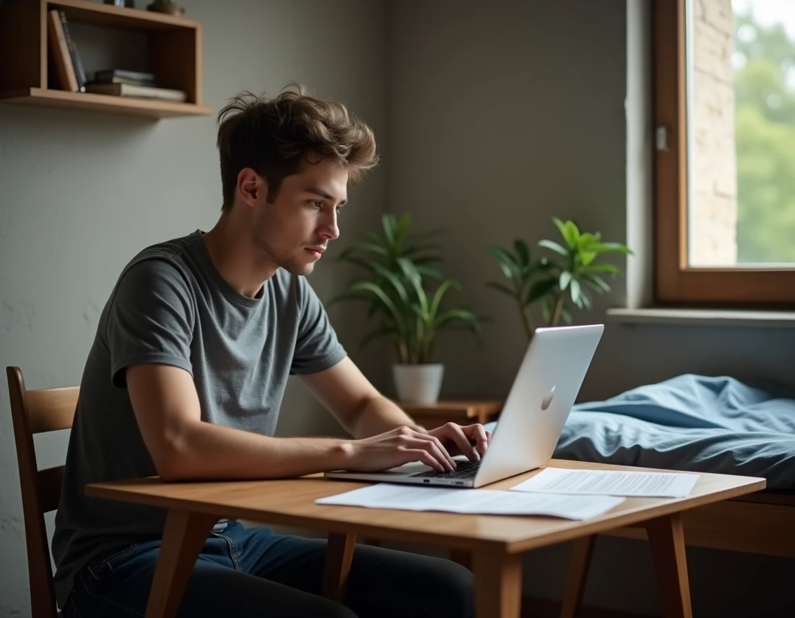 Étudiant remplissant sa demande de CVEC en ligne depuis sa chambre universitaire