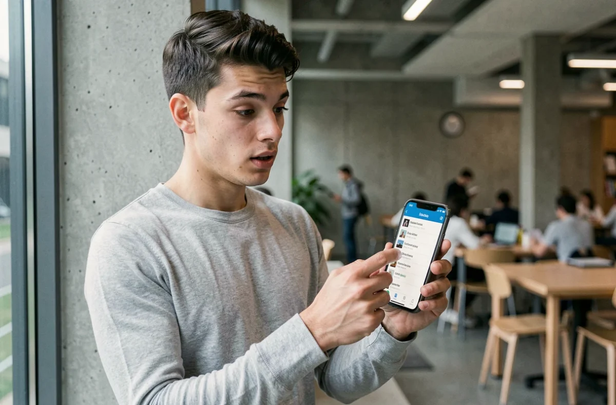 Étudiant consultant les fonctions méconnues de l'ENT Le Havre Normandie sur smartphone dans un espace commun universitaire