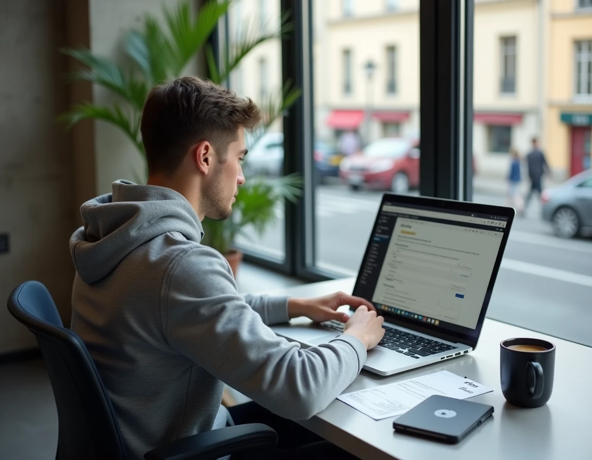 Étudiant remplissant un dossier d'inscription en ligne pour My Campus Lyon dans un espace de coworking moderne