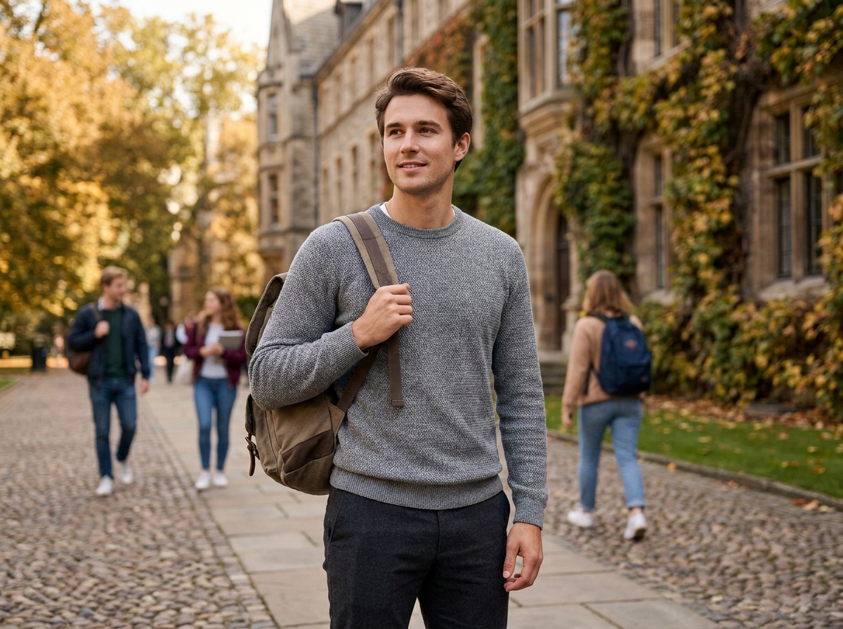 Étudiant en mobilité internationale devant un campus européen dans le cadre d'un Programme Grande École