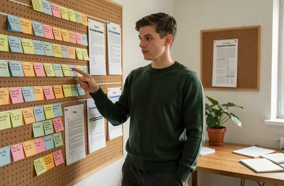 Étudiant en première année organisant son plan d'apprentissage PSB étape par étape sur un tableau de bord pédagogique dans sa chambre d'étude