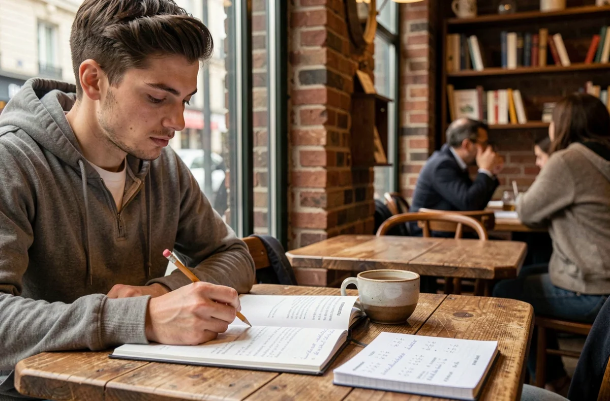 Étudiant révisant la conjugaison du verbe accueillir au présent dans un cahier de grammaire française dans un café