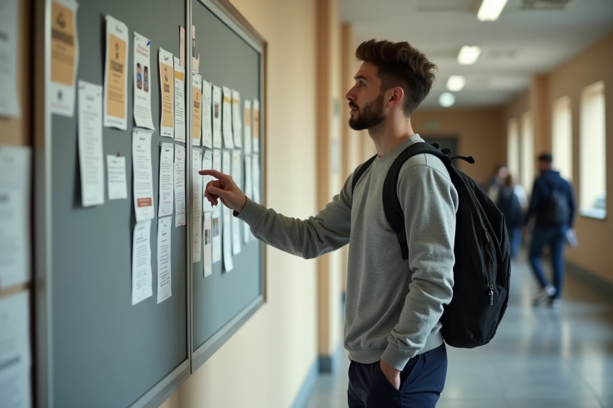 Étudiant analysant les affichages de formations licence et master dans un couloir de l'université Paris 8
