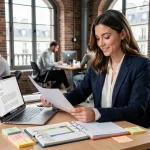Étudiante en alternance marketing préparant son dossier de candidature dans un espace de coworking à Bordeaux