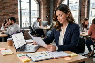 Étudiante en alternance marketing préparant son dossier de candidature dans un espace de coworking à Bordeaux