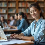 Étudiante consultant les formations disponibles sur econdidat Paris 8 depuis une bibliothèque universitaire