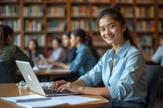 Étudiante consultant les formations disponibles sur econdidat Paris 8 depuis une bibliothèque universitaire
