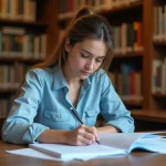 Étudiante révisant son dossier d'admission à Eduservices My Campus Lyon dans une bibliothèque universitaire
