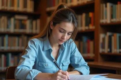 Étudiante révisant son dossier d'admission à Eduservices My Campus Lyon dans une bibliothèque universitaire
