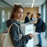 Étudiante déposant un dossier CVEC au guichet d'un service administratif universitaire en France