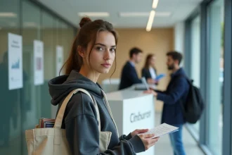Étudiante déposant un dossier CVEC au guichet d'un service administratif universitaire en France
