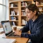 Étudiante découvrant les fonctions cachées de l'ENT Le Havre Normandie sur son ordinateur portable en bibliothèque universitaire