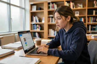 Étudiante découvrant les fonctions cachées de l'ENT Le Havre Normandie sur son ordinateur portable en bibliothèque universitaire