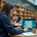 Étudiante utilisant l'extranet PSB sur son ordinateur portable dans une bibliothèque universitaire moderne